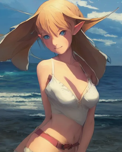 Image similar to an attractive young female elf standing on the beach on the ground front facing, looking at camera, blue water, anime. By Makoto Shinkai, Stanley Artgerm Lau, WLOP, Rossdraws, James Jean, Andrei Riabovitchev, Marc Simonetti, krenz cushart, Sakimichan, trending on ArtStation, digital art.