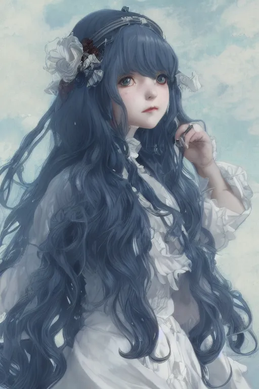 Prompt: a character design of young black lolita dressed girl, grey and blue theme, wavy white long hair by krenz cushart and mucha and akihito yoshida and greg rutkowski, detailed eyes, 4 k resolution