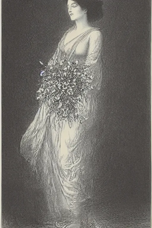 Prompt: black and white, woman in flowers, Gustave Dore lithography
