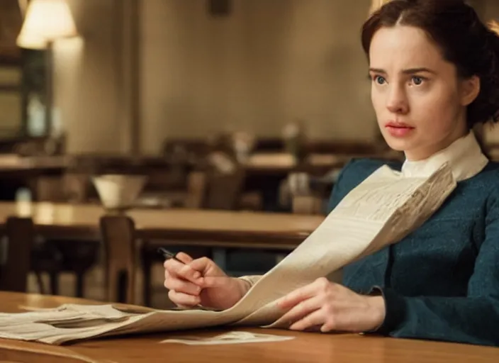 Prompt: film still. screenshot. young woman. sitting at a table. holding a newspaper. in public cafeteria. extremely detailed. directed by christopher nolan and denis villeneuve. 4 k.