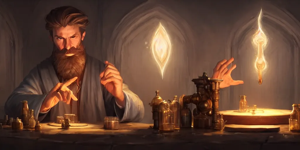 Prompt: a handsome bearded white male mage with brown hair he is casting a spell emanating from his hands, he is in a alchemist workshop filled with beakers and equipment, closed hands, sharp focus, waist up, trending on artstation, by greg rutkowski