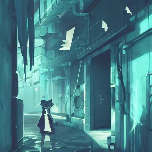 Image similar to teal and white colors. Alleyway in style of cytus and deemo, mysterious vibes, set in half-life 2, beautiful with eerie vibes, very inspirational, very stylish, surrealistic, perfect digital art, mystical journey in strange world, bastion game