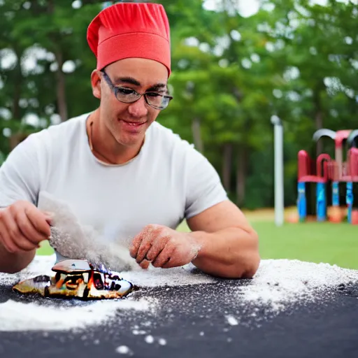 Prompt: man baking cookies at playground