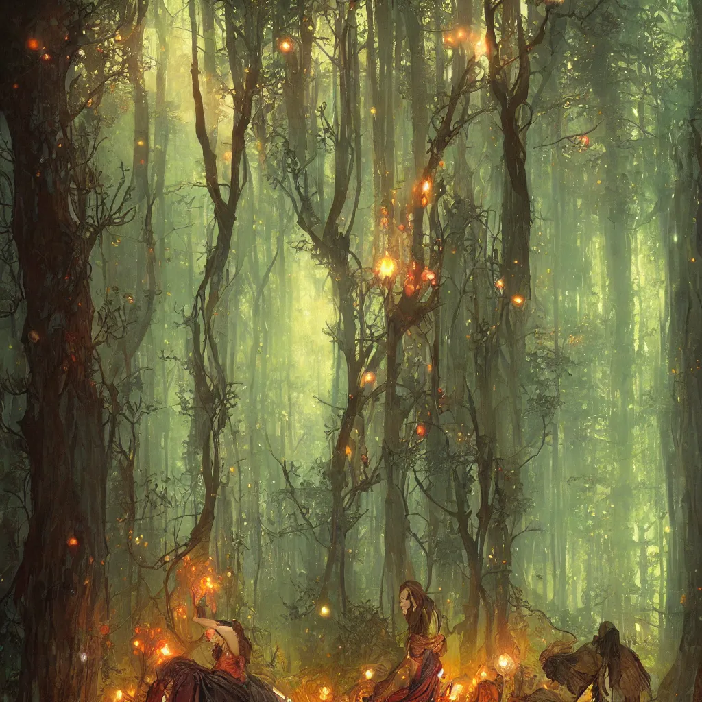 Prompt: forest, overdetailed art, by greg rutkowski, by alfons mucha, complementing colors, magic, colorful lights, fireflies, detailed illustration, wizard