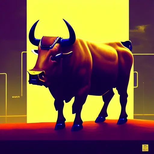 Prompt: a painting of a bull with a gold coin on its back, cyberpunk art by Mike 'Beeple' Winkelmann, instagram contest winner, fantasy art, art on instagram, concept art, dystopian art