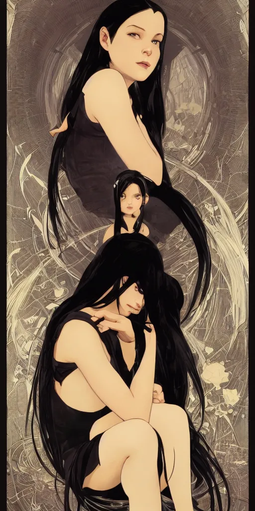 Image similar to character poster of young girl with straight long black hair wearing black dress sitting in bath, poster by capcom art team collaborating with artgem, greg rutkowski and alphonse mucha