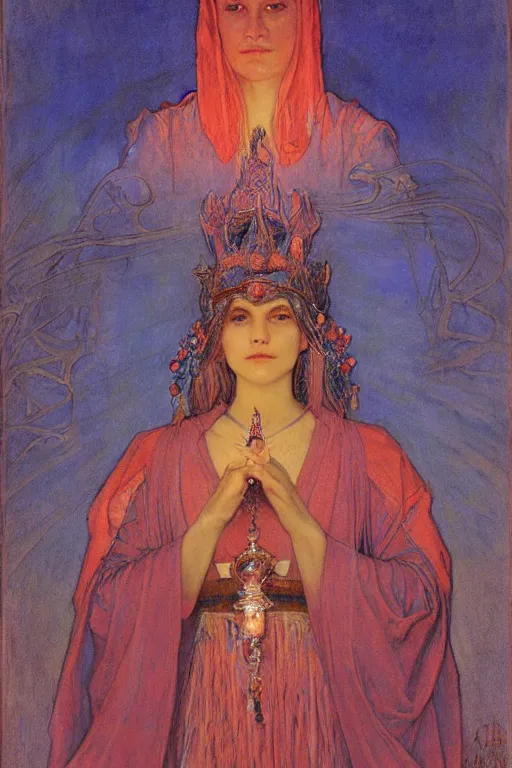 Prompt: queen of the twilight with her lantern and regalia, by Annie Swynnerton and Nicholas Roerich and jean delville, dramatic cinematic lighting , ornate headdress , flowing robes, lost civilizations, extremely detailed