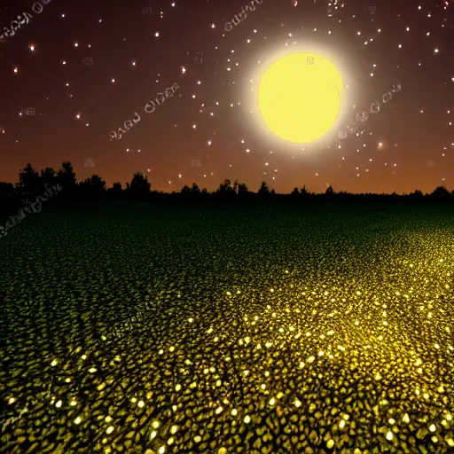 Image similar to field of fireflies at twilight, no blur, hyper realistic, full moon, 8 k octane render
