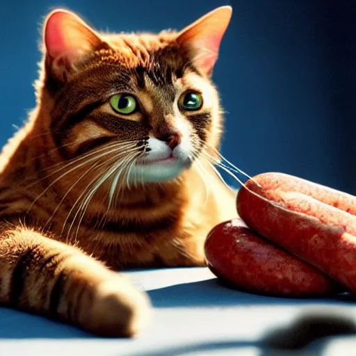 Prompt: a cat with a sausage : : photorealistic : : 1 sunlight : : 1 telephoto lens : : 1 coquelicot color : : 1 dof