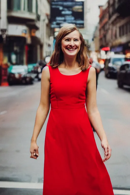 Prompt: blurry photo portrait of a smiling pretty woman in a red sleeveless dress, out of focus, city street scene