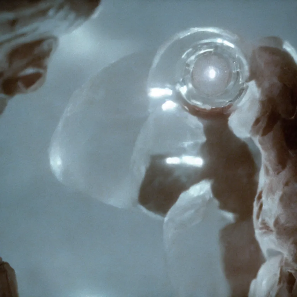 Image similar to dramatic opaline alien faceted crystal levitating, cinematic, movie still, 35mm film, epic beautiful lighting, Wes Anderson, John Carpenter, Steven Spielberg