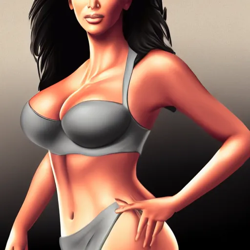 Image similar to kim kardashian in linguire next to the beach, looking at camera while posing, wet clothes, realistic shading, fine details, realistic shaded lighting poster, g cup size, dslr