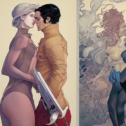 Prompt: artwork by James Jean, Phil noto and Rebecca guay of a handsome man and a beautiful woman back to back