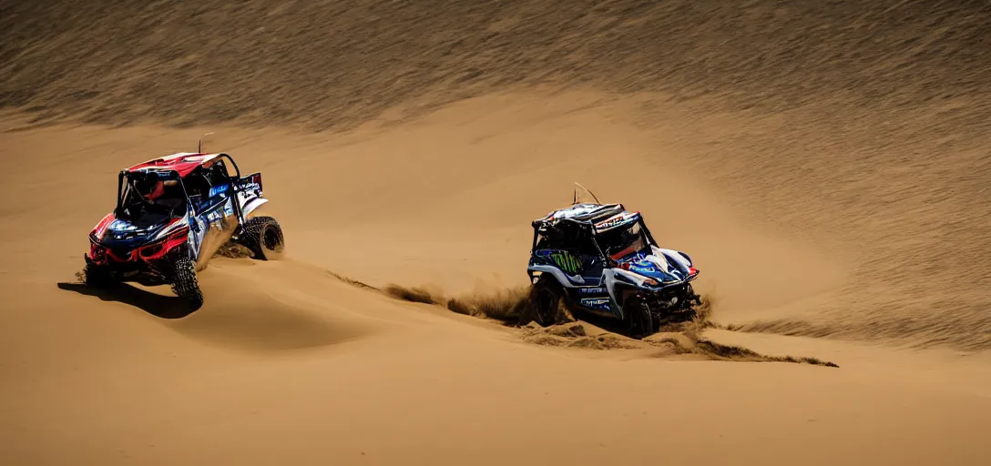 Prompt: action photography of a utv ripping through the dunes, 8 k photography, action sports, oasis in background,