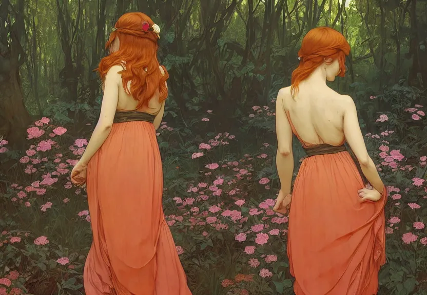 Prompt: a woman seen from behind from far away with copper hair and a flowing sundress dreaming in a forest, fine details by realistic shaded lighting poster by ilya kuvshinov katsuhiro otomo, magali villeneuve, artgerm, jeremy lipkin and michael garmash and rob rey, art nouveau, alphonse mucha, william - adolphe bouguereau, golden hour