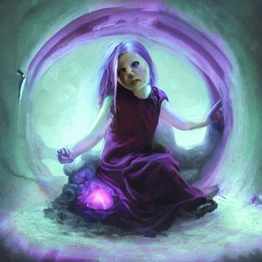 Prompt: young creepy girl sitting inside circle of dark purple fire, painted by raymond swanland, little nightmares, detailed,