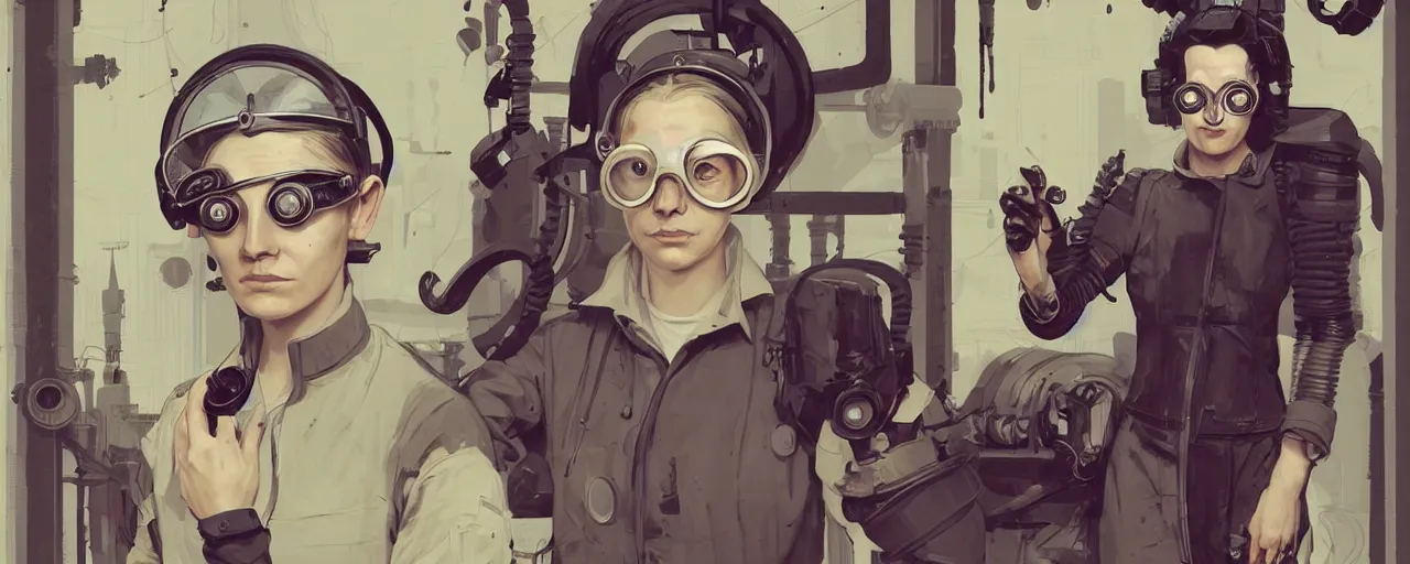 Image similar to illustration 3 / 4 portrait of stoic heroic emotionless butch blonde woman engineer with short slicked - back hair, wearing victorian goggles, no makeup, awkward and uncomfortable and anxious, dirty, dynamic composition by sachin teng and sergey kolesov and ron cobb. industrial space program, scifi, hyper detailed. octane render. concept art. trending on artstation