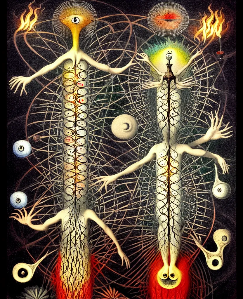 Image similar to whimsical freaky creature sings a unique canto about'as above so below'being ignited by the spirit of haeckel and robert fludd, breakthrough is iminent, glory be to the magic within, painted by ronny khalil