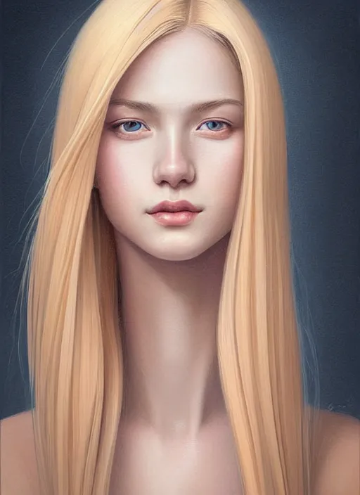 Image similar to beautiful symmetrical face, portrait of young woman blessed with ever - increasing physical and mental perfection, realism, blonde hair, coquettish perfect face!! intricate, elegant, highly detailed, vision of holy perfection!! smile, digital painting, artstation, concept art, smooth, sharp focus, illustration, art by artgerm and greg rutkowski and alphonse mucha