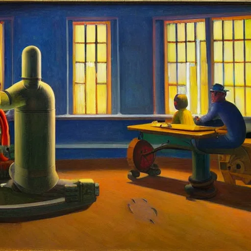 Prompt: engine room, turbines, robot repairmen, reactor core, grant wood, pj crook, edward hopper, oil on canvas