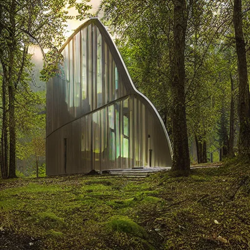 Image similar to solarpunk chapel building, high tech futuristic gothic, in nature with nothing else around, beautiful ambient lighting, forest and mountains and beams of light, realistic photo