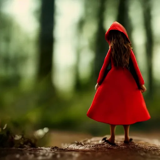 Prompt: a cinematic film still of a claymation stop motion film starring emma watson as little red riding hood, looking at wild wolf, shallow depth of field, 8 0 mm, f 1. 8