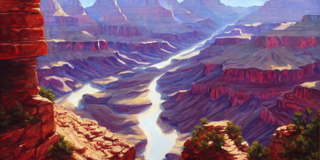 Prompt: Grand Canyon, cinematic lighting, detailed oil painting, hyperrealistic, 8k