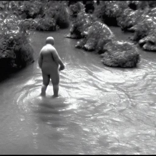 Image similar to grainy security cam footage still of Augustus Gloop in the chocolate river in Willy Wonka's Chocolate Factory, extreme wide angle