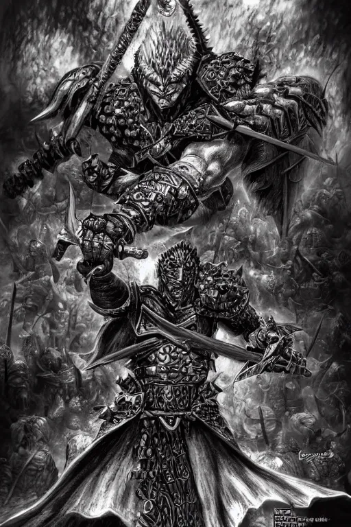 Image similar to chaos warrior, fantasy, warhammer, highly detailed, digital art, sharp focus, trending on art station, kentaro miura manga art style