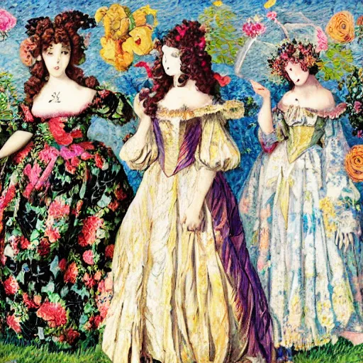 Prompt: renaissance, baroque, post impressionism group of creepy young ladies wearing renaissance long harajuku manga dress with flowers and skulls, background chaotic flowers