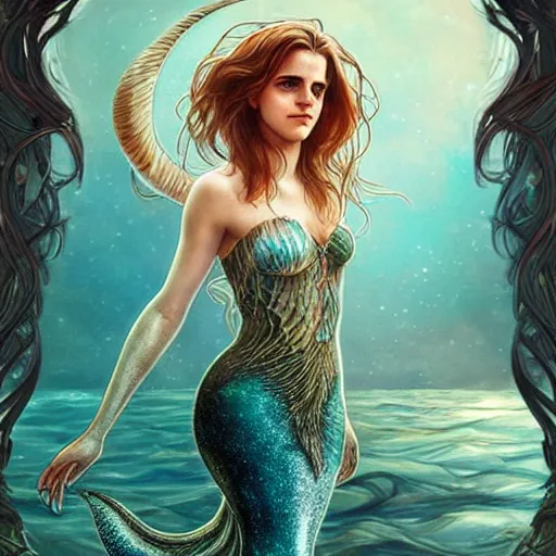 Image similar to Emma Watson as a beautiful mermaid, cute, fantasy, intricate, elegant, highly detailed, digital painting, 4k, HDR, concept art, smooth, sharp focus, illustration, art by artgerm and H R Giger and alphonse mucha