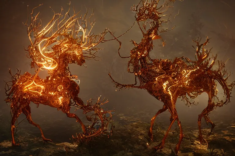 Prompt: A mystical creature of intricate sylvan crisp ignite clockwork, by Ellen Jewett and Makoto Aida. Substance painter, volumetric lighting