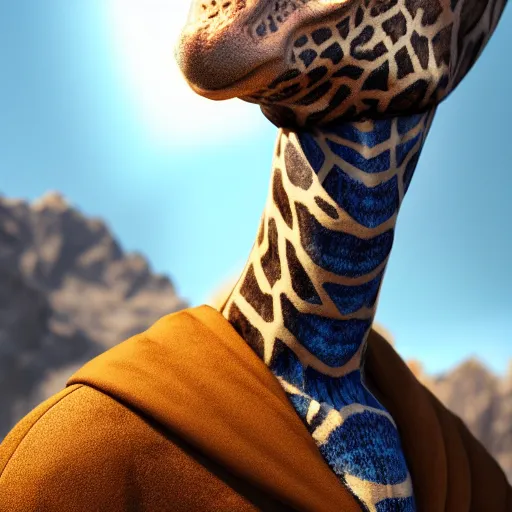 Image similar to a highly detailed portrait of a humanoid giraffe in a blue cloak, adventurer, artstation, deviantart, professional, unreal engine 5, octane render