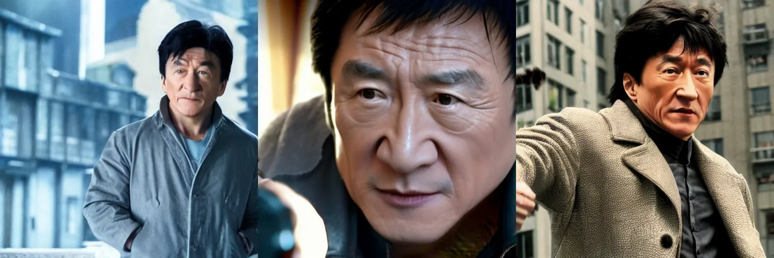 Prompt: close-up of Jackie Chan as a detective in a movie directed by Christopher Nolan, movie still frame, promotional image, imax 70 mm footage