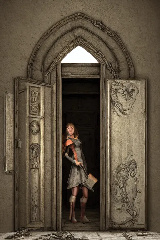 Prompt: highly detailed digital illustration of a young woman opening a secret door behind a bookcase in an ancient abandoned castle by mandt jurgens | fantasy art, cryengine, concept art, photorealism, daz 3 d, sketchfab, zbrush, vray, rule of thirds, golden ratio