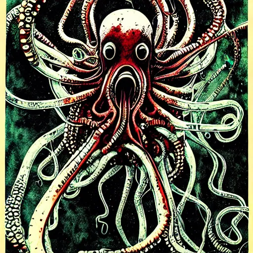 Image similar to graphic illustration, creative design, cthulhu, biopunk, by ralph steadman, francis bacon, hunter s thompson, highly detailed, mixed media