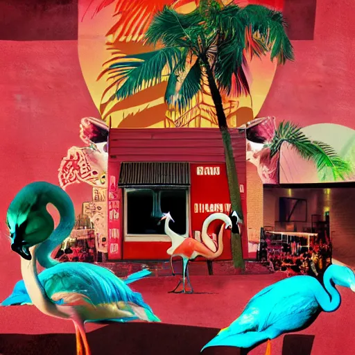 Prompt: the flamingo cafe, internetcore plunderphonic collage experimental album cover, meme trending on artstation