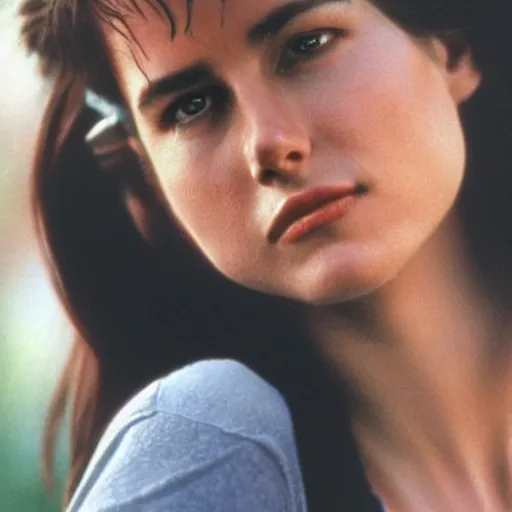 Image similar to a portrait photo of 20 year old female tom cruise, with a sad expression, looking forward