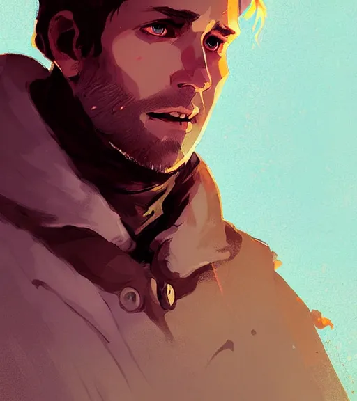 Image similar to portrait of cullen from dragon age near campfire by atey ghailan, by greg rutkowski, by greg tocchini, by james gilleard, by joe fenton, by kaethe butcher, dynamic lighting, gradient light blue, brown, blonde cream and white color scheme, grunge aesthetic