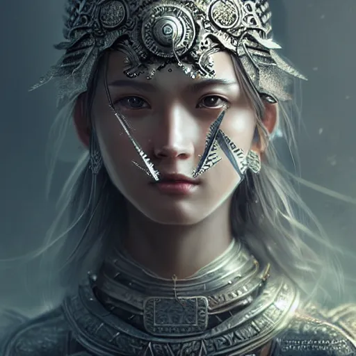 Image similar to beautiful extremely detailed intricate concept art depicting a warrior by wlop. shining jewelry. grey atmosphere. particles in the background. bcy. net