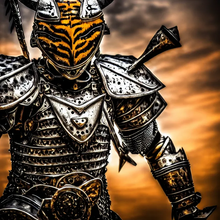 Prompt: photo of a warrior with metal tiger themed armour, highly detailed, 4 k, hdr, smooth, sharp focus, high resolution, award - winning photo