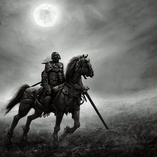 Image similar to a haunting Digital art of a tired spartan soldier riding a skeleton horse on the battlefield in the style of photo-realistic , acrylic, bleak, moonlight, detailed, dark, ominous, threatening, haunting, forbidding, gloomy,stormy, doom, apocalyptic,sinister, shadowy, ghostly,unnerving, harrowing, dreadful ,frightful, shocking, terror, hideous, ghastly, terrifying