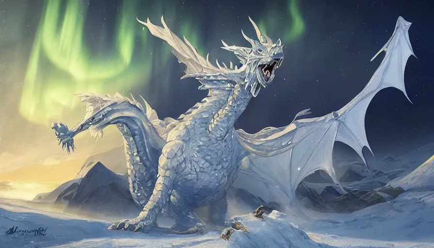 Prompt: epic ice dragon with trendy shapes in a nordic landscape under aurora and stars, set in the words of the Forgotten Realms and Guildwars2, painted by Hans Fredrik Gude, N.C.Wyeth and Artgerm, concept art 2022, ultra realistic masterpiece