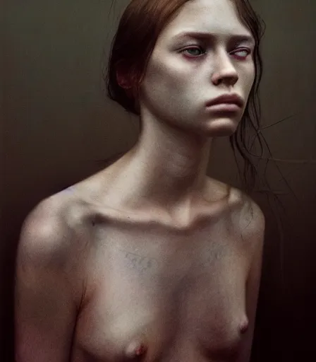 Image similar to a high quality, high detail, portrait photography of a beautiful girl by juan francisco casas and kyle thompson, zdzisław beksinski