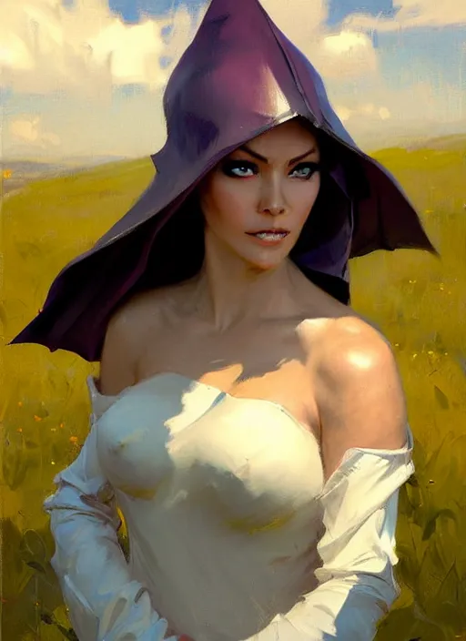 Image similar to Greg Manchess painting of Syndra from League of Legends, countryside, calm, fantasy character portrait, dynamic pose, above view, sunny day, thunder clouds in the sky, artwork by Jeremy Lipkin and Giuseppe Dangelico Pino and Michael Garmash and Rob Rey, very coherent asymmetrical artwork, sharp edges, perfect face, simple form, 100mm