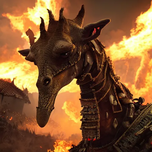 Prompt: a giant fire breathing giraffe wearing intricate battle armor attacking a village, dramatic lighting, highly detailed, photorealistic, cinematic, octane render