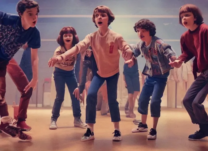 Image similar to the cast of stranger things having a dance battle with the demogorgon, extremely detailed, high quality, 4 k, award - winning,