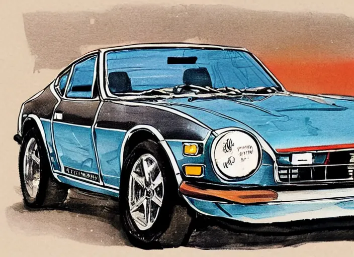 Image similar to a datsun 2 4 0 z in the art style of blake, quentin