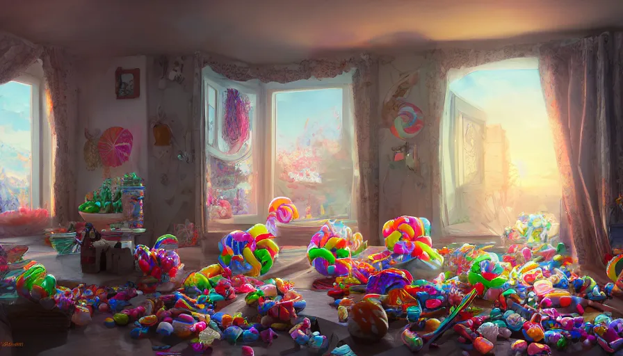 Image similar to house full of candies and lollipop, sunrise light through windows, hyperdetailed, artstation, cgsociety, 8 k