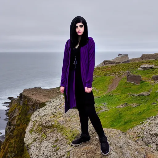 Prompt: 1 7 - year - old pale - skinned persian girl with black long bob cut, black gothic jacket, purple eyes, psychic girl, standing on cliff along the irish coast, overcast gray skies